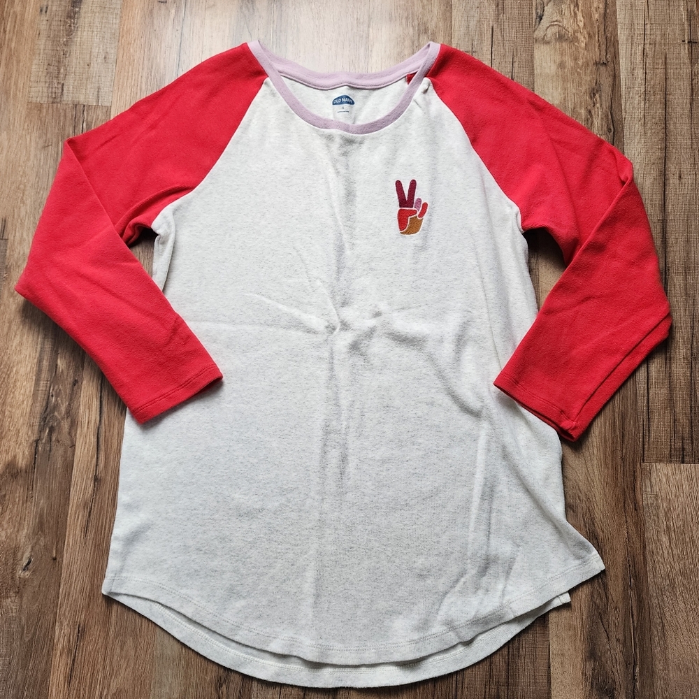Women's Old Navy Peace Hand Sign Relaxed Cozy Raglan 3/4 Sleeve Tee Size Small
